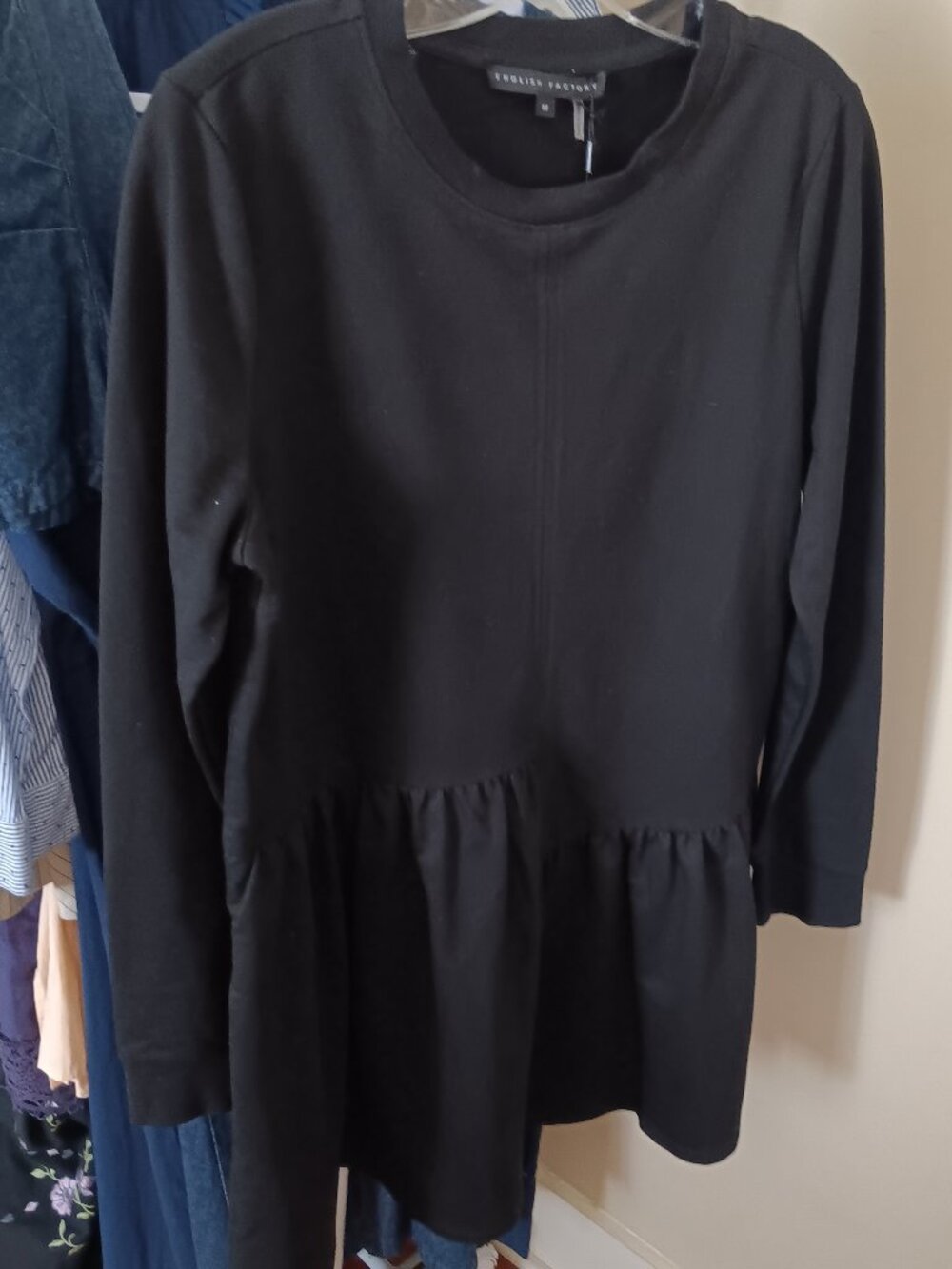 NWT Black Mini Long Sleeve Knit Asymmetrical Seam Dress Size M